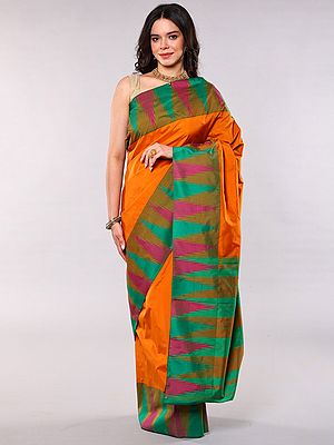 Orange Art Silk Saree with Woven Wide Temple Border and Stripes Pallu