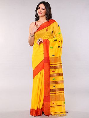 Cotton Saree with Contrast Red Border and Woven Motifs from Bengal