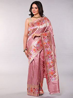 Misty Rose Silk Saree: Golden Thread Work with Peacock Border and Pallu
