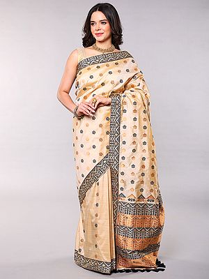 Brazilian-Sand Pure Silk Saree Featuring Woven Motifs and Patch Border