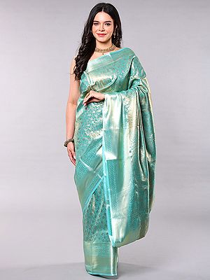 Art Silk Saree in Marine Green with All-Over Golden Clover Motif