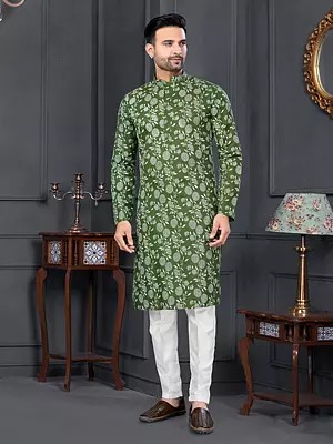 Cotton Floral Printed All Over Mandarin Collar Casual Wear Kurta With Straight Pajama
