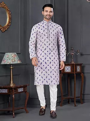 Printed Mandarin Collar Attractive Casual Wear Cotton Kurta With Straight Pajama