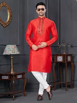 Attractive Mirror Work On Neck Mandarin Collar Art Silk Kurta With Pajama