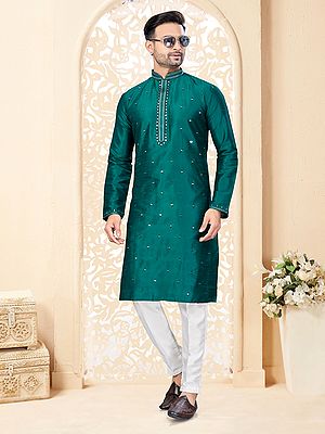Mirror Work All Over And Mandarin Collar Festive Wear Art Silk Kurta With Pajama