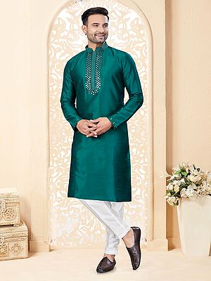 Festive Wear Mandarin Collar Attractive Straight Art Silk Kurta With Pajama