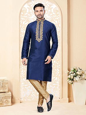 Embroidery Work On Neck And Mandarin Collar Straight Art Silk Kurta With Pajama
