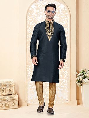 Attractive Mandarin Collar Embroidery Work On Neck Straight Art Silk Kurta With Pajama