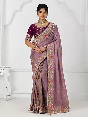 Floral Embroidery And Sequins Work Contrast Border Pure Dola Viscose Silk Saree With Tassels Pallu