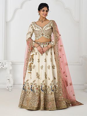 Zari And Embroidery Work Peacock Motifs Wedding Wear Silk Lehenga Choli With Dupatta