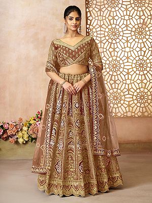 Banarasi Silk Floral Ari Embroidery And Sequins Work Lehenga Choli With Net Dupatta For Wedding Occasion