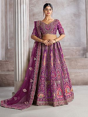 Elegant Ari And Patch Work Floral Wedding Occasion Banarasi Silk Lehenga Choli With Net Embellished Dupatta