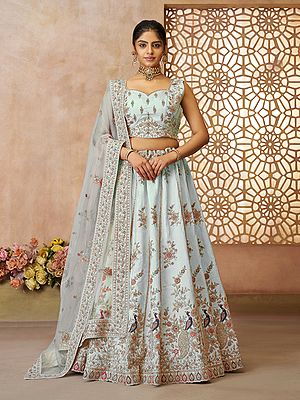 Silk Thread Embroidery And Sequins Zari Work Peacock Motifs Lehenga Choli With Net Dupatta