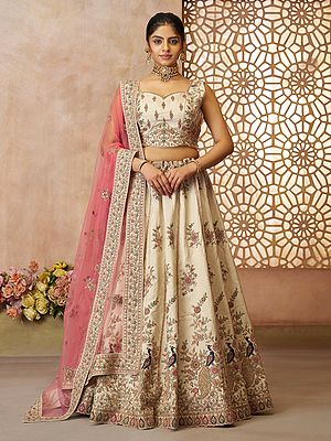 Silk Thread Embroidery and Sequins Zari Work Lehenga Choli with Peacock Motifs and Net Dupatta