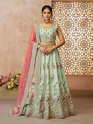 Silk Thread Embroidery and Sequins Zari Work Lehenga Choli with Peacock Motifs and Net Dupatta