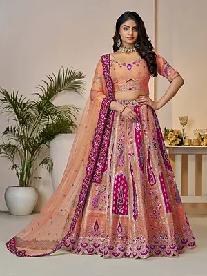 Banarasi Silk Peacock Motifs Embroidery And Sequins Work Elegant Lehenga Choli With Soft Net Dupatta