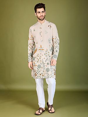 Viscose Rayon Floral Motifs Thread And Sequins Work Mandarin Collar Kurta For Casual Occasion