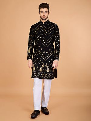Peacock Motifs Thread And Sequins Work Mandarin Collar Pure Viscose Rayon Kurta For Wedding Occasion