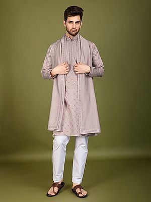 Thread With Sequins Embroidery Work And Mandarin Collar Attractive Kurta With Matching Dupatta