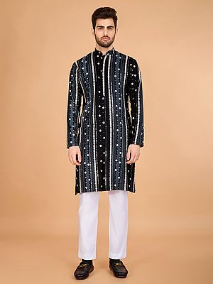 Thread Sequins And Foil Mirror Embroidery Work Mandarin Collar Pure Viscose Rayon Designer Kurta