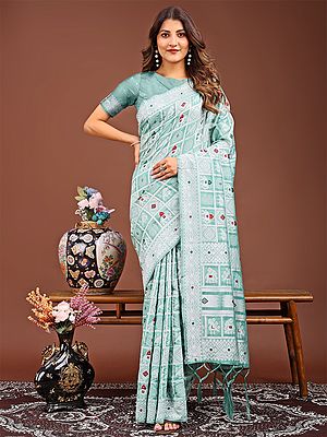 Linen Cotton Geometric And Tribal Motifs Festive Wear Saree With Blouse