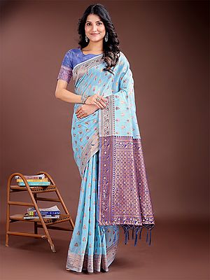 Ethnic Motifs Weaving Work Linen Cotton Attractive Saree With Blouse