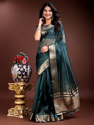 Stunning Contrast Border Organza Wedding Wear Saree With Tassels Pallu