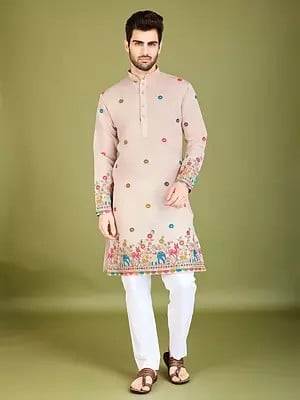 Thread And Sequins Floral Designer Viscose Silk Mandarin Collar Kurta For Festive Occasion