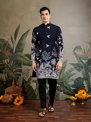 Floral Viscose Silk Thread Sequins Work Mandarin Collar Kurta For Festive Occasion