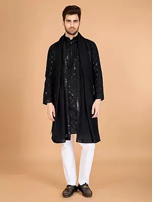 All Over Viscose Silk Thread And Sequins Work Mandarin Collar Kurta With Dupatta For Festive Occasion