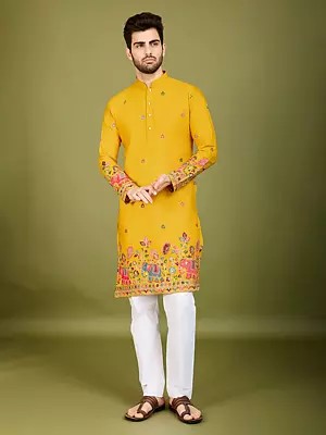 Floral Thread And Sequins Work Cotton Attractive Mandarin Collar Festive Wear Kurta