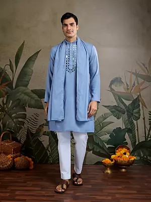 Self Design Zari And Real Mirror Work Mandarin Collar Viscose Rayon Kurta With Dupatta