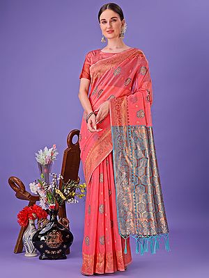 Traditional Floral Woven Motifs Linen Cotton Festive Wear Saree With Contrast Pallu