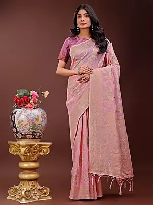 All Over Floral Print Festive Wear Linen Cotton Saree With Tassels Pallu