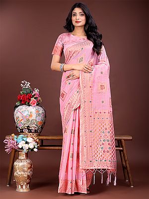 Ethnic Motifs Weaving Work Linen Cotton Saree With Contrast Tassels Pallu