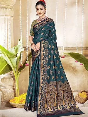 Weaving Work All Over Floral Motifs Attractive Festive Wear Silk Saree