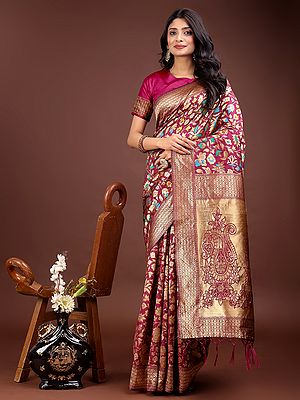 All Over Floral Woven Motifs Attractive Lichi Silk Saree With Tassels Rich Pallu