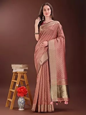 Elegant Contrast Border And Stripes Pattern Organza Saree With Matching Blouse
