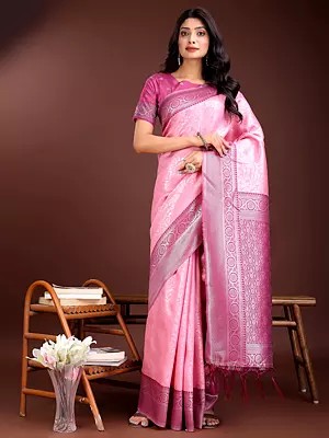Contrast Broad Border Weaving Work Stunning Festive Wear Lichi Silk Saree With Blouse