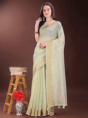 Stripes Pattern All Over Stunning Organza Saree With Contrast Tassels Pallu