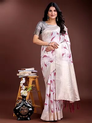 Floral Leaf Weaving Work Attractive Cotton Saree With Contrast Tassels Pallu