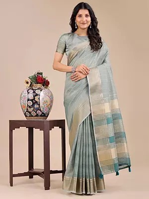 Weaving Work Check Pattern Stunning Organza Saree With Striped Tassels Pallu