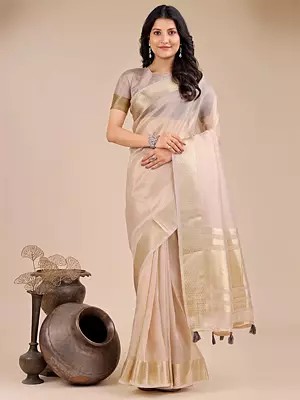Contrast Golden Border Organza Attractive Party Wear Saree With Tassels Pallu