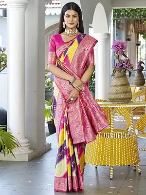 Woven Floral Motifs Contrast Border Stunning Banarasi Silk Saree With Blouse