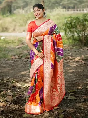 Woven Floral Motifs Contrast Border Stunning Banarasi Silk Saree With Blouse