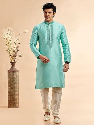 Embroidery And Sequins Work Full Sleeve Kurta Pajama Set For Festival Occasion