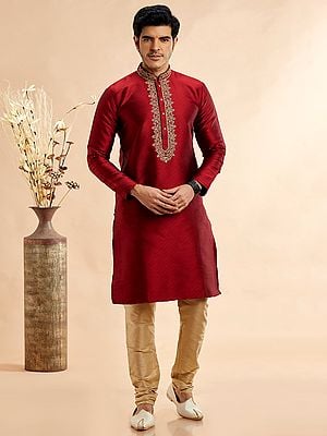 Jacquard Art Silk Embroidery Work On Neck Full Sleeve Kurta Pajama Set