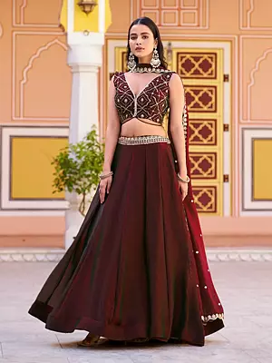 Embroidered V-Neck Art Silk Lehenga Choli Set in Rich Maroon