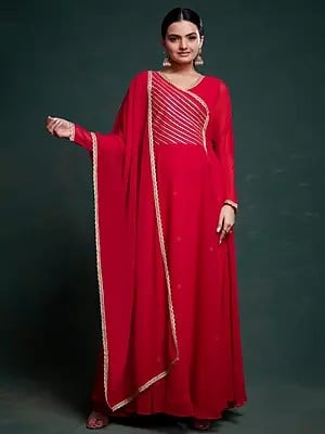 Cherry Georgette Solid Designer Gown With Dupatta For Casual Occasion