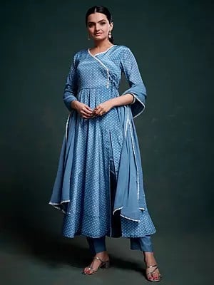 Dull-Blue Chinon Silk Printed Designer Salwar Suit With Plain Dupatta